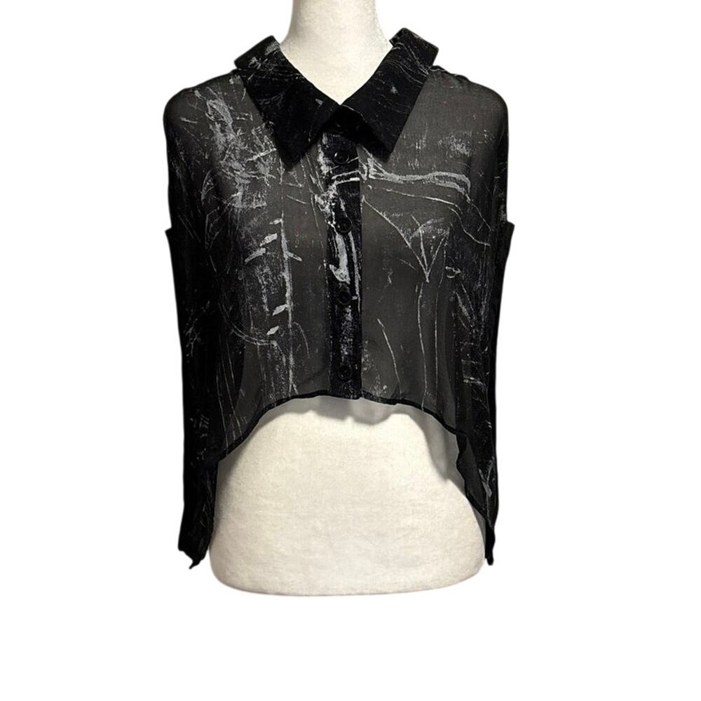 Lela Jacobs M Echoes of Awe Silk Cropped Blouse Top Hand Painted Double Collar